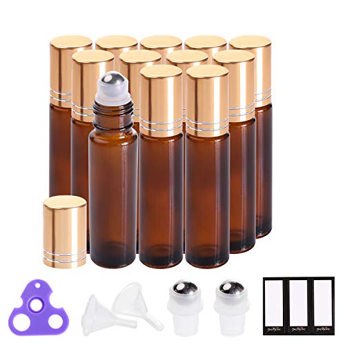 PrettyCare Essential Oil Roller Bottles (10ml Amber Glass, 12 Pack) With 2 Extra Roller Balls, 24 Labels, Opener, 2 Funnels