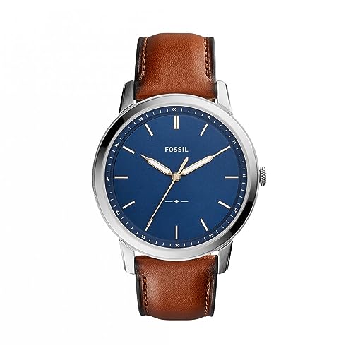 Fossil Men's Minimalist Quartz Stainless Steel and Leather Three-Hand Watch, Color: Silver, Luggage (Model: FS5304)
