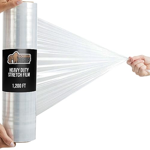 Gorilla Grip 500% Stretch Film Heavy Duty Plastic 1200ft Shrink Wrap Roll, 17' Puncture Resistant for Moving, Industrial Strength Storing Pallets Packing and Wrapping Furniture Protection 1 pack Clear