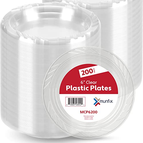 Munfix 6 Inch Clear Plastic Plates 200 Bulk Pack - Disposable Cake Plates for Dessert & Appetizers, BBQ, Party, Travel and Events, Microwavable Recyclable