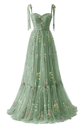 SUOLUOS Women's Spaghetti Strap Tulle Prom Dresses Flower Embroidery A Line Sweetheart Long Formal Evening Party Gowns Green Size10