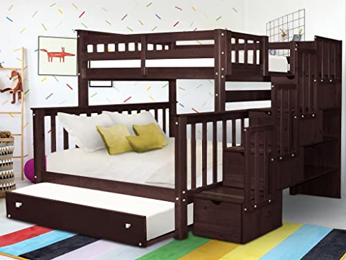Bedz King Stairway Bunk Beds Twin over Full with 4 Drawers in the Steps and a Full Trundle, Dark Cherry