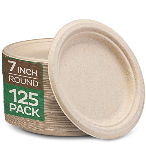 Paper Plates, 100% Compostable Heavy Duty, Disposable 7 Inch, Small Dessert Plate - [125-Pack] - {PFAS-Free} - {BPI Certified} Eco-Friendly, Biodegradable Bagasse Natural Brown 7' Small Plates