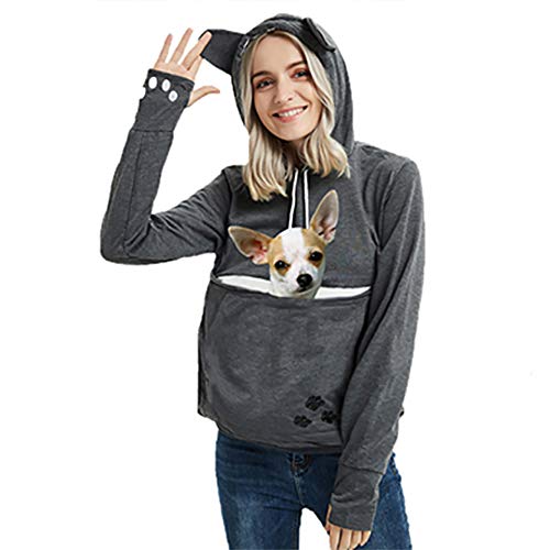 Womens Pet Carrier Sweater Dog Cat Pouch Hoodies Plus Size Tops Dark Grey S