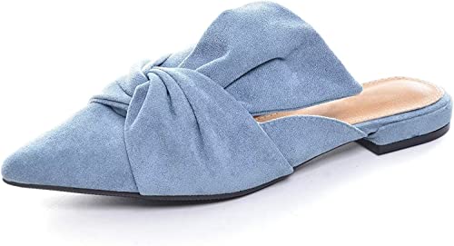 VFDB Women's Bowtie Mule Slippers Summer Pointy Toe Loafers Slip On Flat Shoes Blue US 8.5