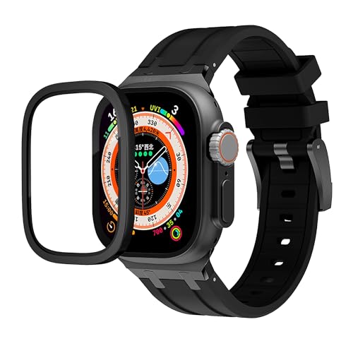 Compatible with Apple Watch Band + Screen Protector, Silicone Strap + Stainless Steel Buckle, Aluminum Alloy Metal Frame + 9H Tempered Glass, Designed for Apple Watch Ultra/Ultra 2, 49mm_Black