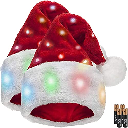 Winks Novelty Plush Santa Hat - Pack of 2 - Funny Christmas Hats for Kids & Adults with 20 Light Up, Color-Changing LED Lights and Batteries - Adult Size