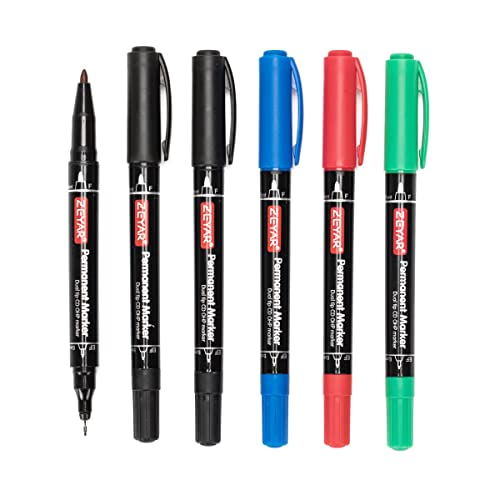 ZEYAR Twin Tip Permanent Markers, CD/DVD Markers, 4 Color, Ultra Fine Point and Fine Point for Signature and Marking (3 Black, 1 Red, 1 Green, 1 Blue)