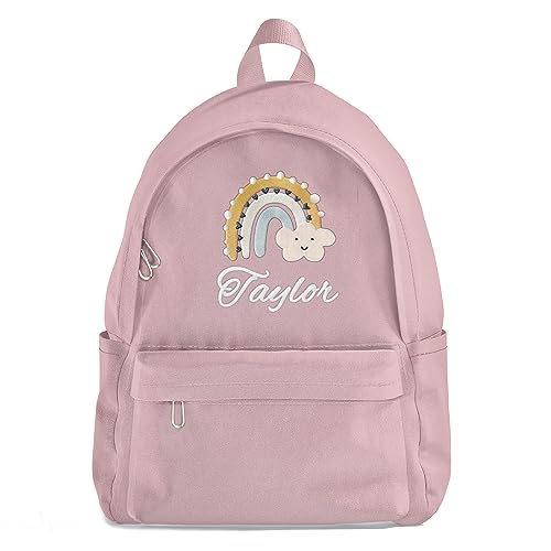 Dipopizt Custom Backpack for Girls and Boys with Name Rainbow Embroidery Print, Personalized Back to School Backpack for Kids First Day of School, Casual Backpack for Child