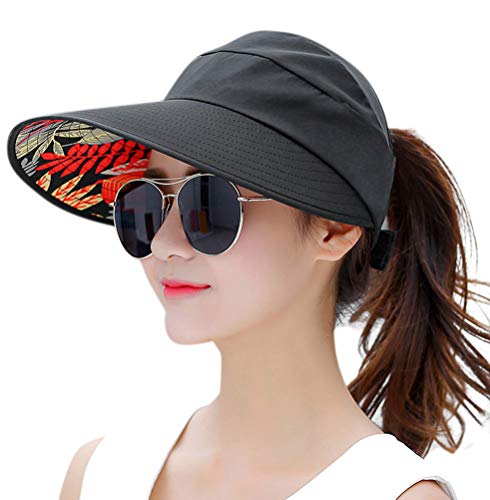 HINDAWI Sun Hat Sun Hats for Women Wide Brim UV Protection Summer Beach Packable Visor Black