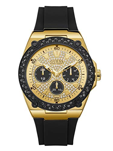 GUESS Black Gold-Tone Glitz Stain Resistant Silicone Watch with Day, Date + 24 Hour Military/Int'l Time. Color: Black (Model: U1257G1)