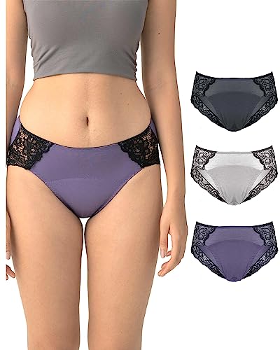 Neione Period Underwear Menstrual Panties Postpartum Underpants Lace Hipsters Women Briefs 3 Pack Lilac L
