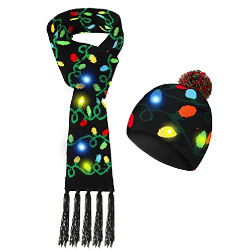 JAWEAVER LED Beanie Hat & Scarf, Christmas Light Up Winter Knitted Hat Scarf for Women Man (Black-LED)