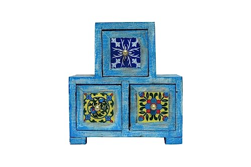 JGARTS Wooden Hand Painted 3 Drawer Step Ladder Tile embedded Blue Distress Chest Jewelry Box Wooden box Trinket Box Girl's Gift Mother's Day Gift Boho Style Christmas gift