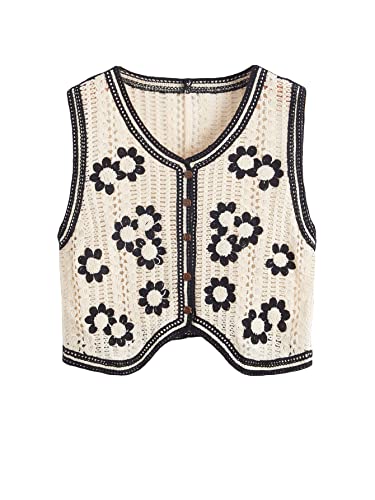 Verdusa Women's Button Front V Neck Sleeveless Floral Pattern Knit Sweater Vest Flower Beige L