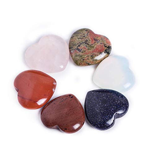JIC Gem Pack of 6 Natural Crystal Heart Stones Polished Heart Tumbled Gemstones Love Carved Palm Worry Stone for Healing Reiki Jewelry Making Decoration 1 1/8'