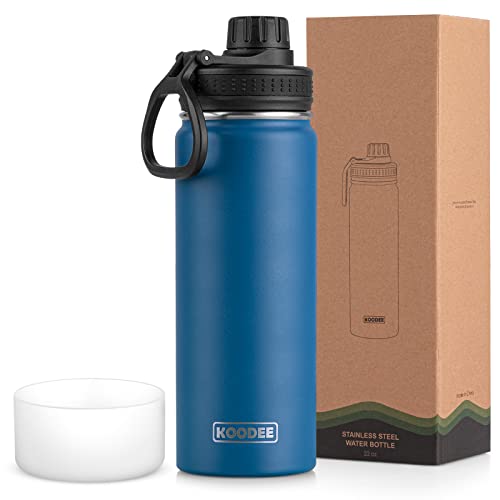 koodee Insulated Water Bottle, 22 oz Stainless Steel Double Wall Vacuum Wide Mouth Sport Bottle with Leakproof Spout Lid (Navy)