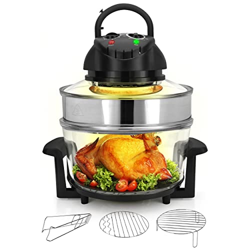 Nutrichef 18 Quart Convection Countertop Air Fryer - See through Glass for Best Cooking Results - Air Fryer, Roaster, Bake, Grill, Steam & Roast - Includes Glass Bowl, Broil Rack & Toasting Rack