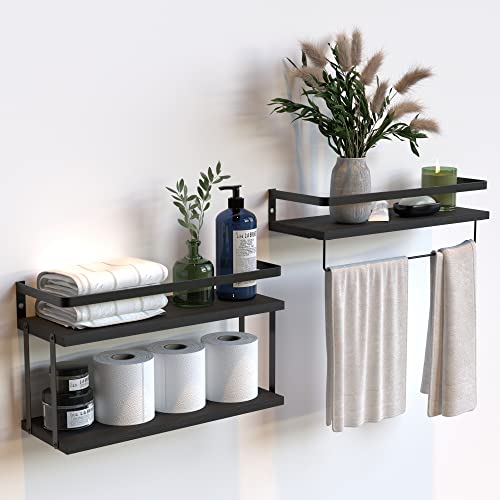 RICHER HOUSE 2+1 Tier Wall Mounted Floating Shelves Set of 2, Rustic Wood Wall Shelf with Metal Frame, Extra Storage Rack for Bathroom, Kitchen, Bedroom with Tissue Rack & Towel Bar - Black