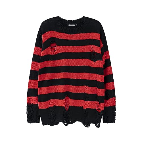 HANGJIA Black Red Striped Sweaters Men Oversized Ripped Hole Knit Pullover Autumn Winter Fashion Long Sleeve Clothing-R-L