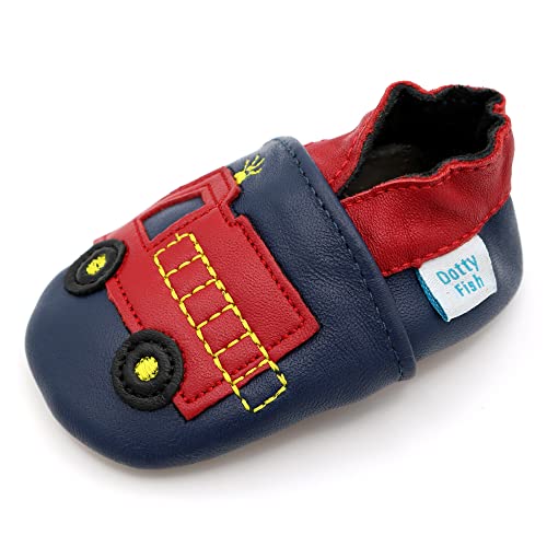 Dotty Fish Soft Sole Leather Infant Shoes Boys pre-Walkers. Navy with Fire Engine. 0-6 Months