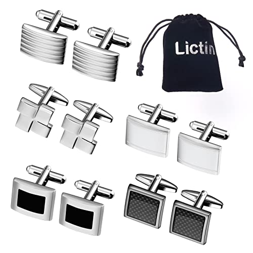 Lictin Men's Cufflinks Cuff Links for Men, Stainless Steel Tuxedo Shirt Cuff Links Set, Men’s Jewelry or Accessories for Business, Wedding, 5 Pairs,Square