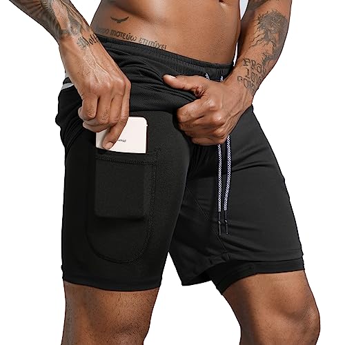 Leidowei Men's 2 in 1 Workout Running Shorts Lightweight Training Yoga Gym 7' Short with Zipper Pockets Black M