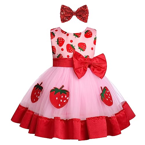 Infant Baby Girl First Birthday Dress Cake Smash Outfits Toddler Strawberry Tulle Tutu Halloween Christmas Cosplay Outfits Easter Baptism Princess Dress for Photo Shoot Pink-Strawberry 12-18 Months
