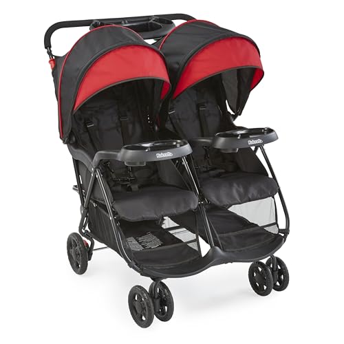 Kolcraft Cloud Plus Side-by-Side Lightweight Double Baby Stroller and Toddler Stroller with Reclining Seats, Child and Parent Trays, Large Storage, Extendable Canopies, Compact Fold - Red/Black
