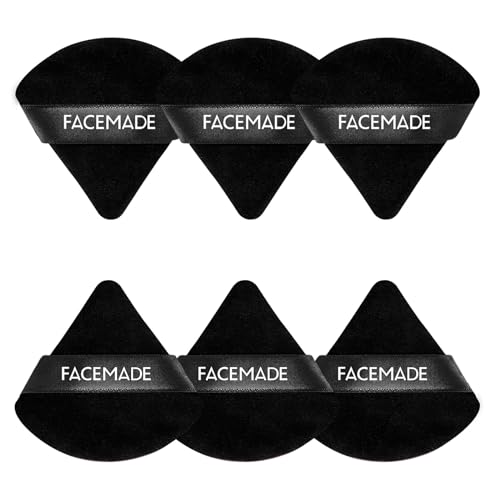 FACEMADE 6 Pieces Face Powder Puff with a Travel Case, Soft Makeup Puff with a Container, Triangle Velour Makeup Sponge for Loose Powder Body Powder, Beauty Makeup Tools, Black
