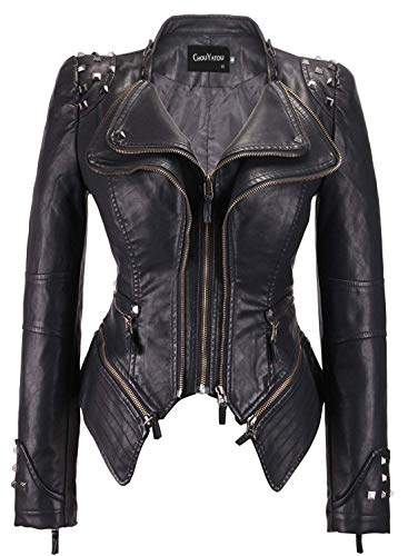 chouyatou Women's Fashion Studded Perfectly Shaping Faux Leather Biker Jacket (X-Large, Black)