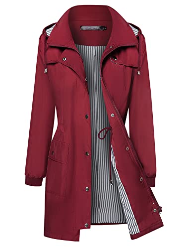 Bloggerlove Womens raincoats waterproof with hood Trench Coats Lined Windbreaker Travel Jacket Wine Red L