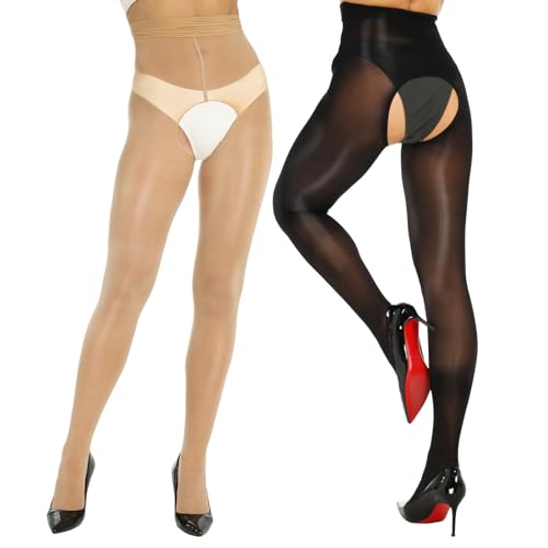 Yilanmy Shiny Sheer Tights Open Crotch pantyhose for Women High Waist shimmery tights Oil Shimmery Tights 2 Pairs(Black+Natural,L-XL)