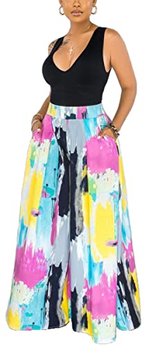 BFFBABY Plus Size Womens Casual Palazzo Pants High Waist Printed Ruched Loose Flowy Lounge Wide Leg Pants (M-3XL)