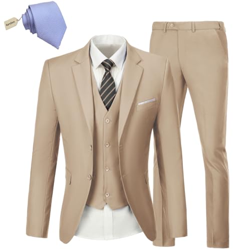 Mens Suit 3 Piece Slim Fit Suits Prom Tuxedo Blazer Dress Business Wedding Jacket Vest & Pants with Tie Beige XL