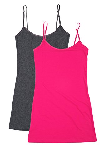 Bozzolo RT1002 PK Ladies Adjustable Spaghetti Strap Long Tank Top 2Pack - H.Charcoal/Hot Pink L