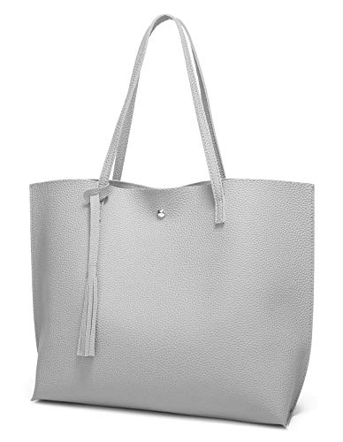 Dreubea Women's Soft Faux Leather Tote Shoulder Bag from, Big Capacity Tassel Handbag Grey