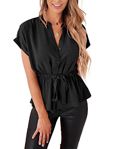 Womens Button Down Blouses Casual Peplum Summer Tops Dressy Chiffon Work Blouse Black