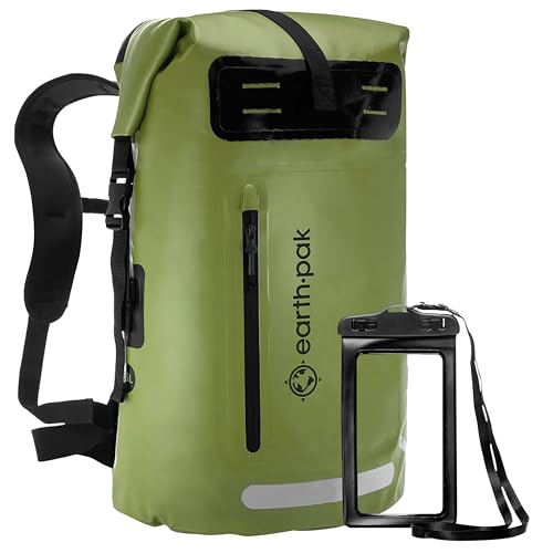 Earth Pak Summit Waterproof Dry Bag Backpack - Heavy Duty Roll-Top Closure with Front-Zippered Pocket Waterproof Backpack - Cushioned Padded Back Panel IPX8 Backpack -Waterproof Phone Case (Green 35L)