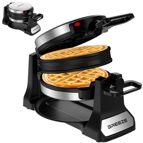 Waffle Maker, Double Belgian Waffle Maker 180°Flip, 1400W Waffle Iron 8 Slices, Rotating & Nonstick Plates with Removable Drip Tray for Easy Clean, Stainless Steel, Locking Buckle & Cool Touch Handle