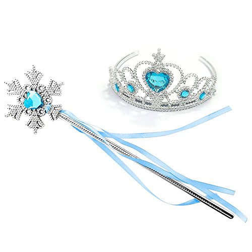 Kuzhi Princess Crown Tiara and Wand Set – Silver Heart Jewel (Blue,Snowflake Wand)