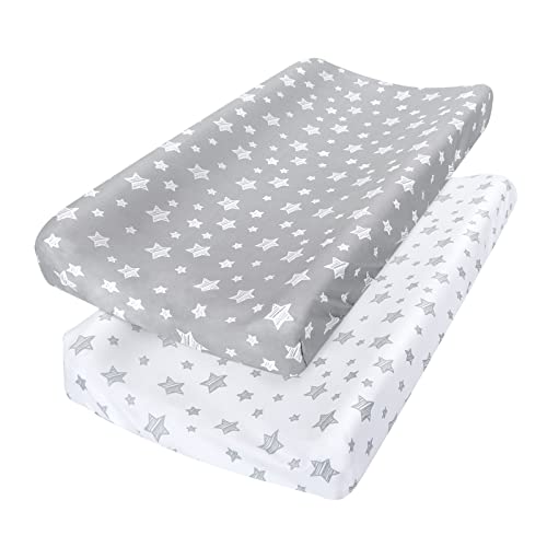 Changing Pad Cover for Boys Girls 2 Pack, Lovely Print Soft Unisex Diaper Change Table Sheets, Fit 32'x16' Contoured Pad, Comfy Cozy 2-Pack Cradle Sheets, Grey & White