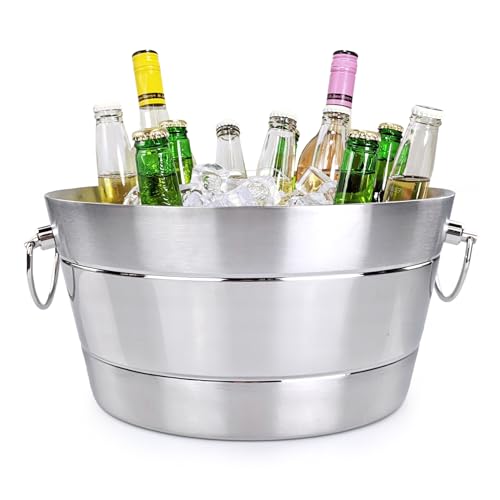 BREKX Stainless Brushed Steel Beverage Tub, Double Wall Insulated Anchored Ribbed Drink Tub & Ice Bucket with Double Hinged Handles, Drink Chiller for Parties, Round, 12QT (3 Gallon), 100% Leak Proof