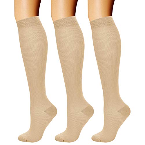 CHARMKING Compression Socks for Women & Men Circulation (3 Pairs) 15-20 mmHg is Best Athletic for Running, Flight Travel, Support, Cycling, Pregnant - Boost Performance, Durability (L/XL, Nude)