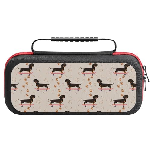 PUYWTIY Cartoon Dogs Skateboard Doxie Dachshund Weiner Dog Pet Dogs Carry Case Compatible with Nintendo Switch, Hard Shell Travel Storage Bag with 20 Games Cartridges for Console & Accessories