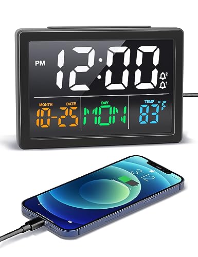 Digital Alarm Clock, with 5.5' Large LED Time Display, Adjustable Alarm Volume, 6 Level Brightness, Alarm Settings, USB Charger, Temperature Detect, Snooze, Clocks for Bedroom, Bedside, Desk, Black