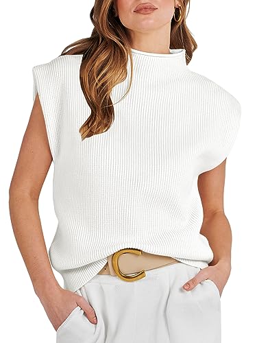 ANRABESS Women's Mock Neck Sleeveless Sweater Vest Casual Cap Sleeve Knit Pullover Tank Tops 2024 Spring Summer Clothes White-M