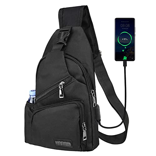 EEEKit Crossbody Sling Bag, Small Black Sling Backpack Shoulder Bag for Men Women, Waterproof Crossbody Travel Bag with USB Charging Port and Bottle Hoder for Outdoor Hiking Walking Travel