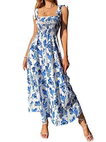 MakeMeChic Women's Summer Boho Dress Casual Floral Print Spaghetti Strap Square Neck Long Maxi Dress Beach Sun Dress A Blue and White M
