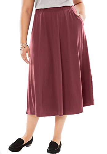 Women's Plus Size Long Flare A-Line Midi Skirt with Side Pockets - Burgundy 3X